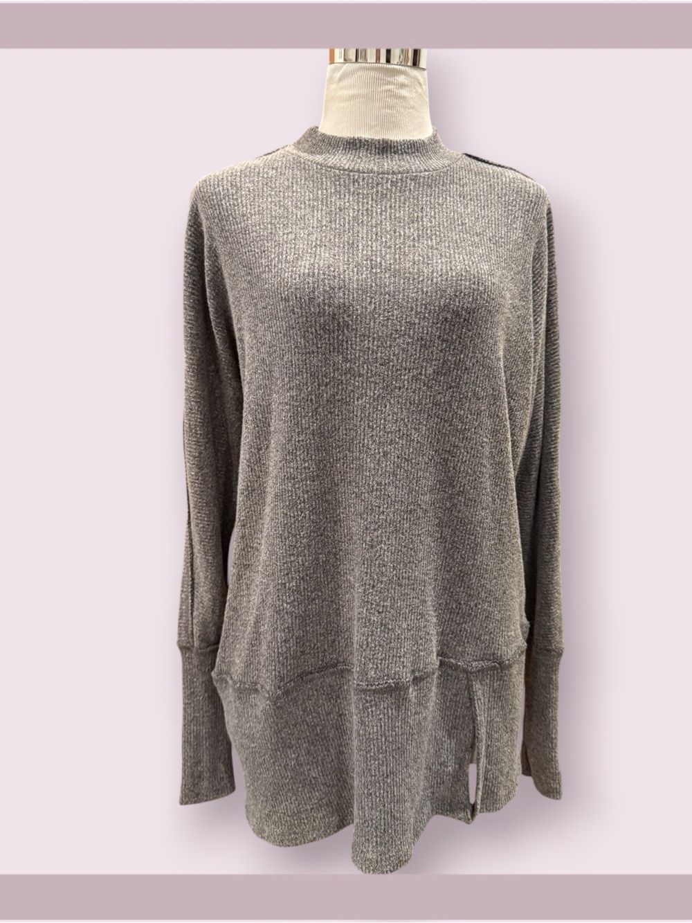 Suzanne Betro Heathered Gray Ribbed Mock Neck Tunic Top - Picture 2 of 6